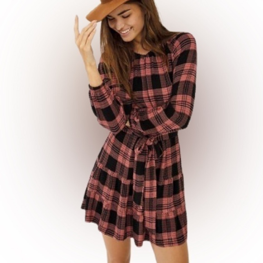 Anthropologie Cloth & Stone red and black plaid long sleeve mini dress size S
